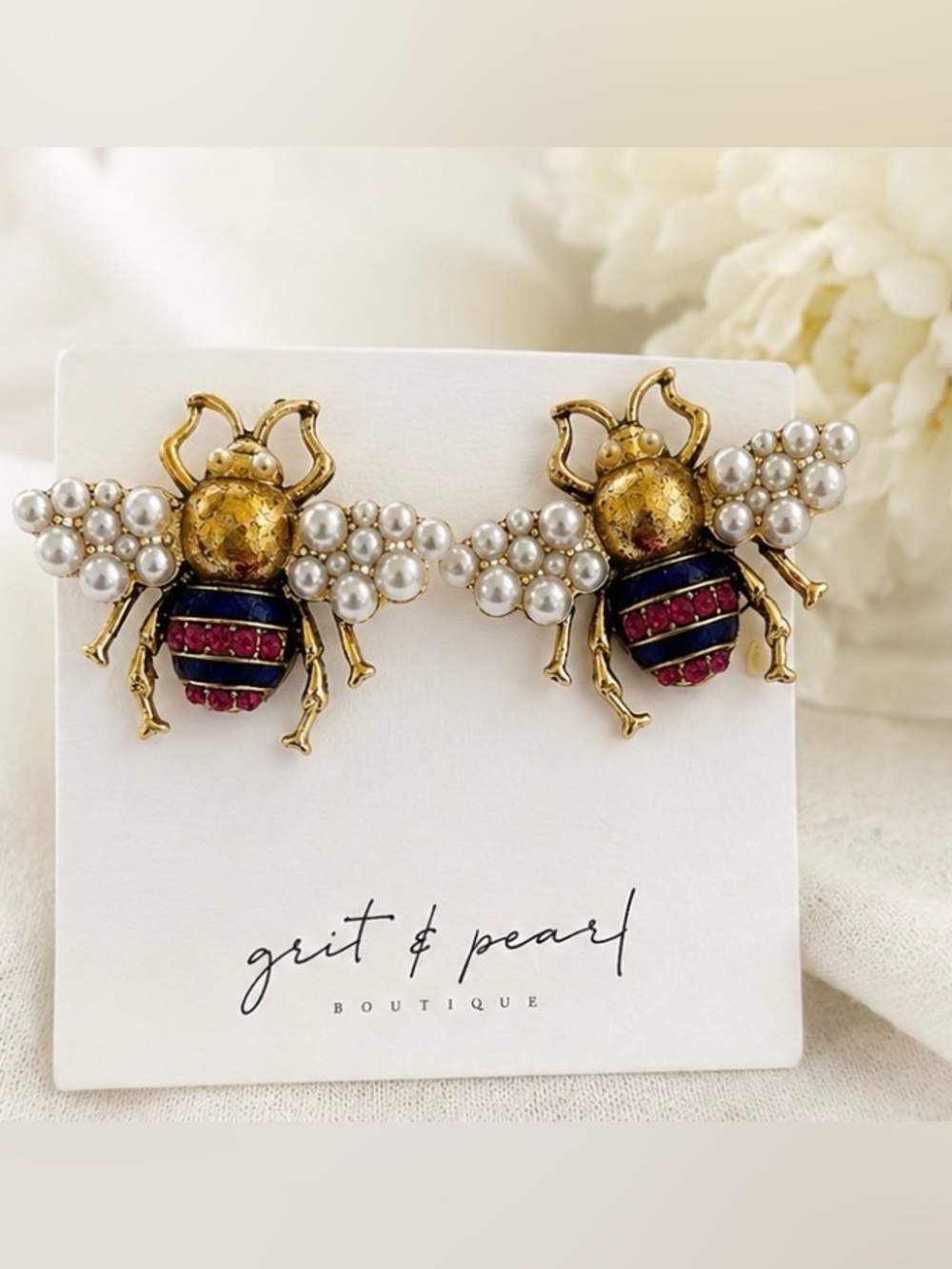 Vintage-Inspired Jeweled Bee Earrings with Pearl Wings
